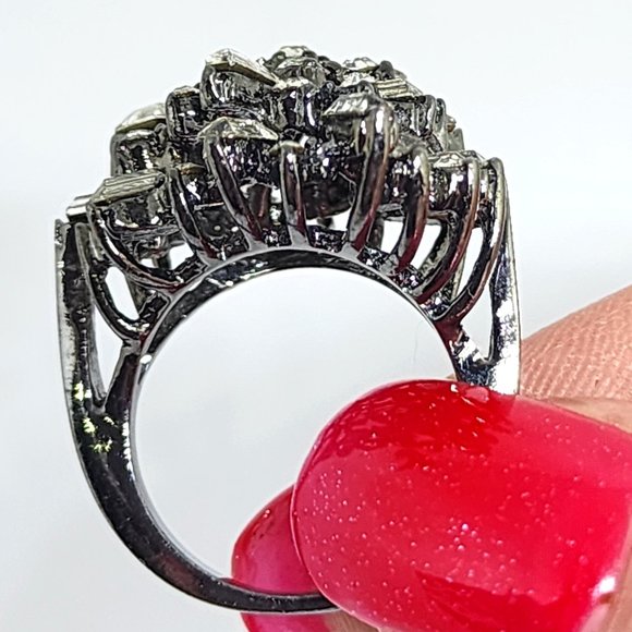 Baguette and Round White Rhinestone Dome Dressy Gunmetal Gray Cocktail Ring SZ 5 - Picture 4 of 13